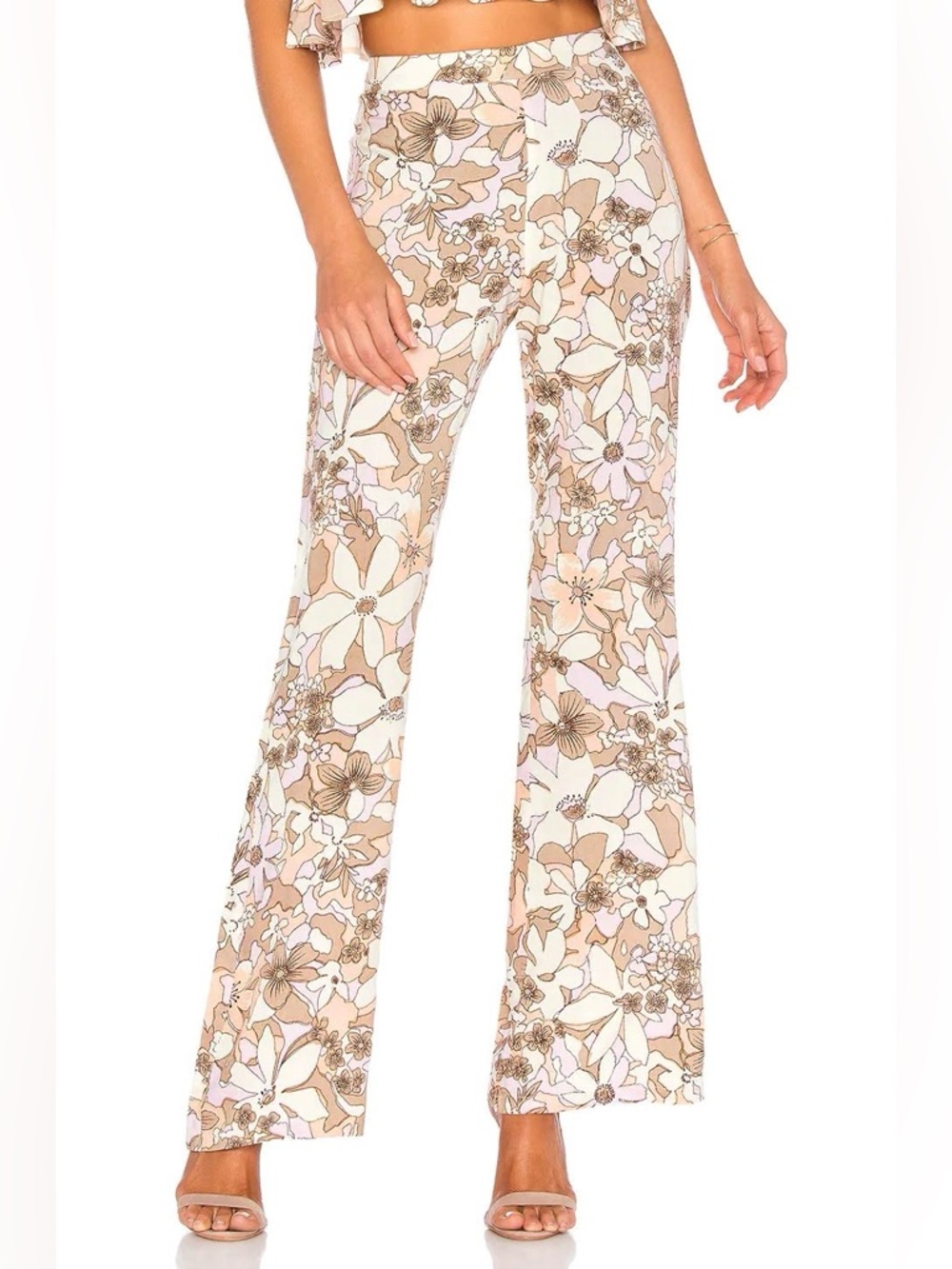 FOR LOVE & LEMONS Renato Floral Flared Pants in Tan Pink
